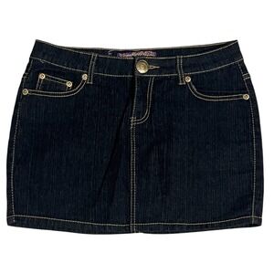 BKLYN Girl Black Denim Mini Skirt Sz 7 Y2K Embroidered Heart Stretch Jean Skirt